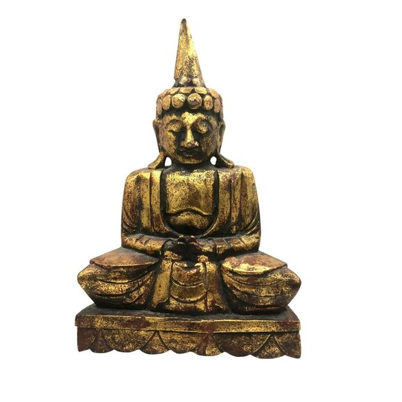 Hand-Carved Buddha Statue Wood With Gold Gilt Finish 12" Meditation Decor